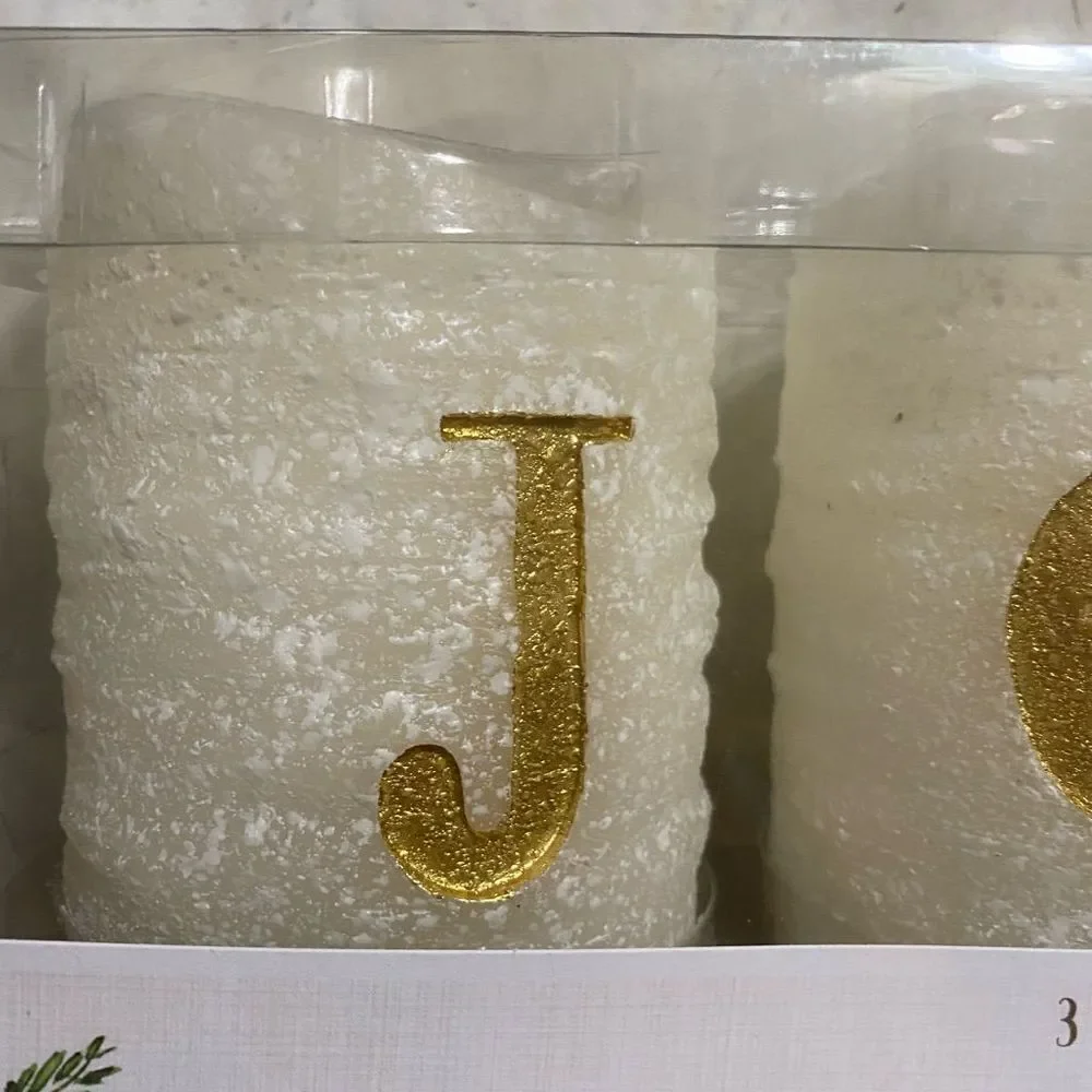Pier 1, (3) fameless LED candies that spell JOY in gold-made of paraffin wax